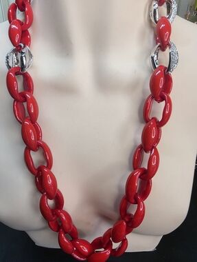 Bold Red Chunky Chain Necklace Rhinestone Accent Statement Necklace